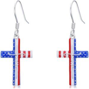925 Sterling Silver Red White and Blue American Flag  Independence Day Earring